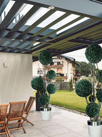 Yapay Ağaç Gümüş Kemerli Beyaz Galvaniz Saksıda Yeşil Top Şimşir Ağacı 6 Toplu 175cm Yapay Çiçek