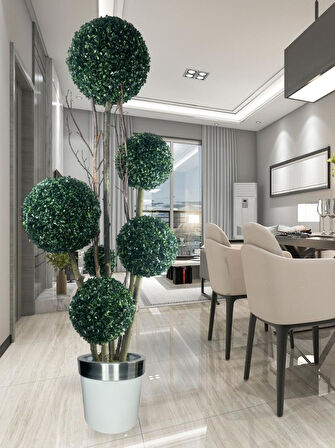 Yapay Ağaç Gümüş Kemerli Beyaz Galvaniz Saksıda Yeşil Top Şimşir Ağacı 6 Toplu 175cm Yapay Çiçek