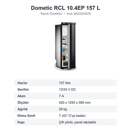 Dometic RCL 10.4EP Kompresörlü Karavan Buzdolabı 157 L 12/24 V, Panel Kapılı, Çift Yönlü (9620023676)