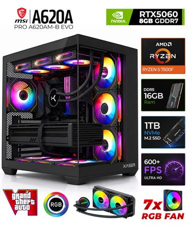 Xaser Shiny X50  Ryzen 5 7500F 16GB DDR5 Ram 1TB M.2 NVMe SSD 8GB RTX5060 Sıvı Soğutmalı Oyuncu Bilgisayarı
