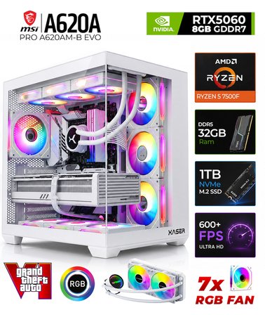 Xaser Shiny X90  Ryzen 5 7500F 32GB DDR5 Ram 1TB M.2 NVMe SSD 8GB RTX5060 Sıvı Soğutmalı Oyuncu Bilgisayarı