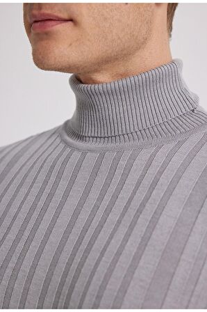 Slim Fit Gri Fitilli Pamuk Karışımlı Boğazlı Triko Kazak 5HF06ORT63100