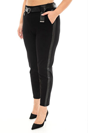 Büyük Beden Kadın Dar Paça Deri Şeritli Beli Lastikli Ekstra Battal Toparlayıcı Pantolon