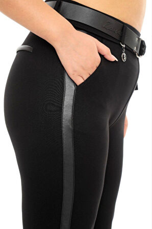 Büyük Beden Kadın Dar Paça Deri Şeritli Beli Lastikli Ekstra Battal Toparlayıcı Pantolon