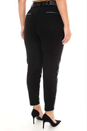 Büyük Beden Kadın Dar Paça Deri Şeritli Beli Lastikli Ekstra Battal Toparlayıcı Pantolon