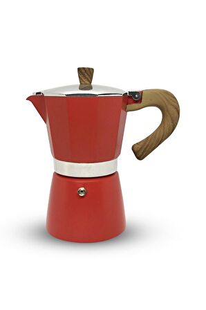 Ahşap Kulplu 3 Cups Moka Pot - 180 Ml Moka Pot 3 Cups-moka Pot Kırmızı 3cups