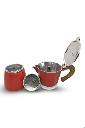 Ahşap Kulplu 3 Cups Moka Pot - 180 Ml Moka Pot 3 Cups-moka Pot Kırmızı 3cups