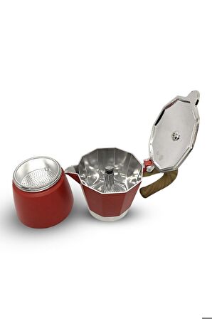 Ahşap Kulplu 3 Cups Moka Pot - 180 Ml Moka Pot 3 Cups-moka Pot Kırmızı 3cups