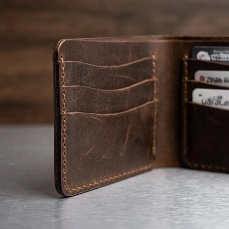 %100 Hakiki Deri Vintage Erkek Cüzdan - Kahverengi El Dikişi Klasik Model Cüzdan