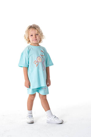 Bon Jour Yazılı Ünisex Turkuaz  T-shirt ve Şort Takım (2- 7 yaş )