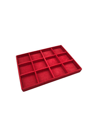 Yerli Üretim Keten Kumaş Kırmızı Renk 34 Cm / 24 Cm 12 Bölmeli Çekmece Içi Takı Standı