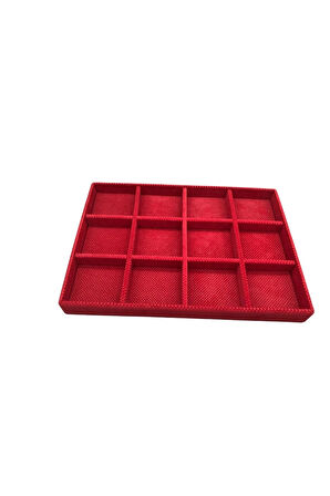 Yerli Üretim Keten Kumaş Kırmızı Renk 34 Cm / 24 Cm 12 Bölmeli Çekmece Içi Takı Standı
