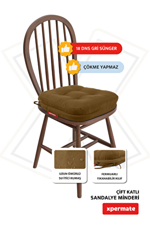 XPERMATE 2'li Çift Kat Sandalye Minderi Fermuarlı Yıkanabilir Kılıf Bağcıklı Su ve Yağ İtici 42x42x8 Kahverengi
