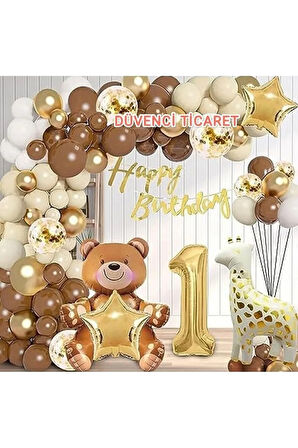 Lüks Kahverengi Oturan Yı Folyo Balonlu 1 Yaş Balon Seti