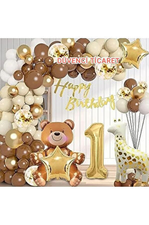 Lüks Kahverengi Oturan Yı Folyo Balonlu 1 Yaş Balon Seti