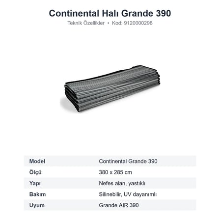 Dometic Continental Halı Grande 390 Ön Çadır Halısı, Nefes Alan 380x285 cm (9120000298)