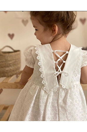 Kız Çocuk Beyaz Yaka Dantel Detaylı Sırt Baglamalı Kısa Kollu Bayramlık ve Özel Gün Elbise