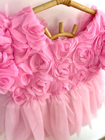 Kız Bebek Pembe Elbise Kısa Kollu Fiyonklu Doğum Günü Parti Düğün Özel Gün Tüllü Astarlı Prenses Parti Elbise 