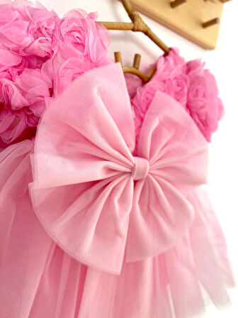 Kız Bebek Pembe Elbise Kısa Kollu Fiyonklu Doğum Günü Parti Düğün Özel Gün Tüllü Astarlı Prenses Parti Elbise 