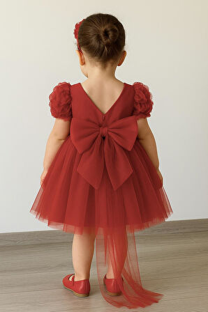 Kız Bebek Kırmızı Elbise Kısa Kollu Fiyonklu Doğum Günü Parti Düğün Özel Gün Tüllü Astarlı Prenses Parti Elbise 