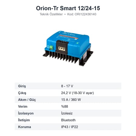 Victron Energy Orion-Tr Smart 12/24-15 DC-DC Akü Şarj Cihazı 360W İzolesiz, Bluetooth (ORI122436140)