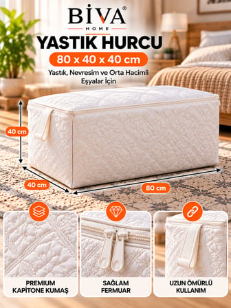 Dayanıklı Yastık Hurcu 80x40x40 Çeyiz Nevresim Saklama Hurcu 200 kg Taşıma Kapasiteli Üstten Komple Fermuarlı Esnek Kalın Kumaş