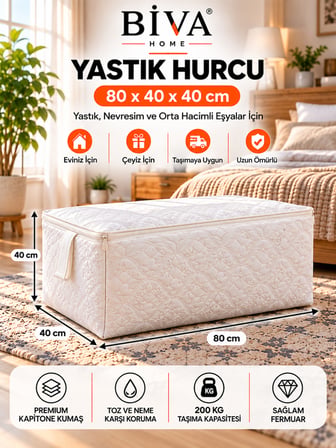 Dayanıklı Yastık Hurcu 80x40x40 Çeyiz Nevresim Saklama Hurcu 200 kg Taşıma Kapasiteli Üstten Komple Fermuarlı Esnek Kalın Kumaş