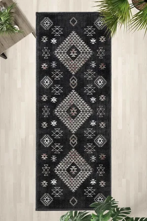 Salon Mutfak Yatak Odası Dijital Baskı Yolluk Halı Siyah