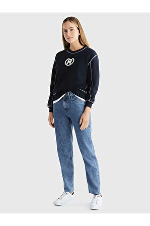 Bisiklet Yaka Logo Baskılı Dikiş Detay Sweatshirt