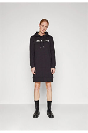 Kapşonlu Nakış İşlemenli Monotyp Hoodıe Günlük Elbise