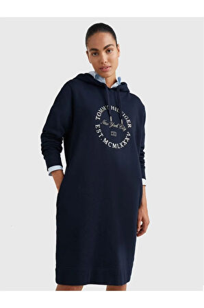 Baskı Kapşonlu Pamuklu Elbise