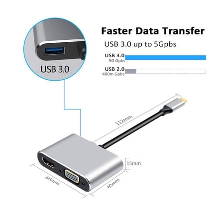 Lunatic 8053 4İN1 USB C HDMI VGA adaptörü, USB C hub, 4K HDMI, 1080P VGA, USB 3.0, USB C PD şarj, Bütün Marka Modellere Uyumlu