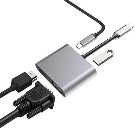 Lunatic 8053 4İN1 USB C HDMI VGA adaptörü, USB C hub, 4K HDMI, 1080P VGA, USB 3.0, USB C PD şarj, Bütün Marka Modellere Uyumlu