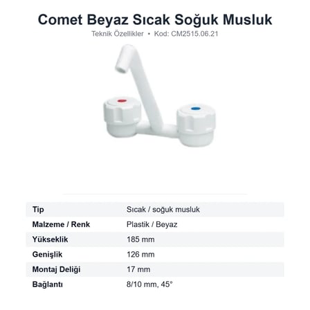 Comet Plastik Beyaz Sıcak Soğuk Karavan Musluğu 185 mm, 17 mm Montaj (CM2515.06.21)