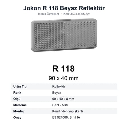 Jokon R 118 Beyaz Karavan Reflektörü 90x40 mm Yapışkanlı (JK31.0005.521)