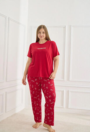Kadın Desenli Kısa Kollu Esnek Yumuşak Dokulu Milan Kumaş Kırmızı Yazlık Büyük Beden Pijama Takımı