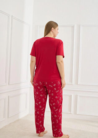 Kadın Desenli Kısa Kollu Esnek Yumuşak Dokulu Milan Kumaş Kırmızı Yazlık Büyük Beden Pijama Takımı
