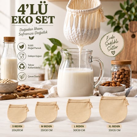 HALM 4’lü Eko Set Pamuk Süzme Torbası – Badem ve Yulaf Sütü, Süzme Yaoğurt, Lor ve Kese Peyniri Yapımı İçin Süzgeç (S-M-L-XL)