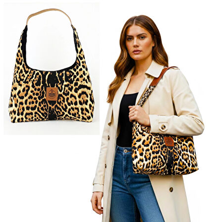 Woodycord El Yapımı Leopar Desenli Hobo Bag Omuz Çantası