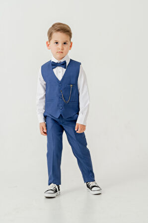 Erkek Çocuk Yelekli Slim Fit Takım Elbise – 4 Parça (Yelek, Pantolon, Gömlek, Papyon) TE.7026