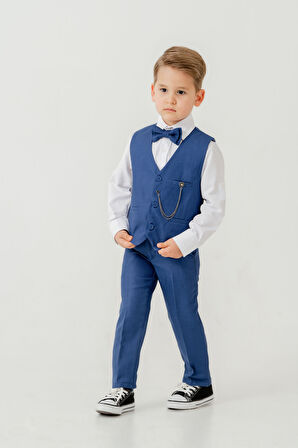 Erkek Çocuk Yelekli Slim Fit Takım Elbise – 4 Parça (Yelek, Pantolon, Gömlek, Papyon) TE.7026