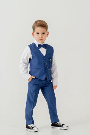 Erkek Çocuk Yelekli Slim Fit Takım Elbise – 4 Parça (Yelek, Pantolon, Gömlek, Papyon) TE.7026