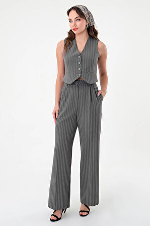 Kadın Gri Çizgili Yelek Pantolon Takım
