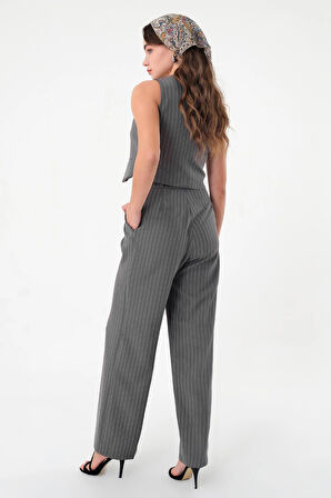 Kadın Gri Çizgili Yelek Pantolon Takım