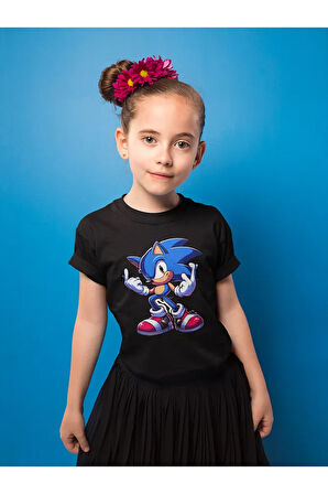 Tasarım Sonic Baskılı Unisex Çizgi Film Çocuk Tişört (1-12 Yaş)