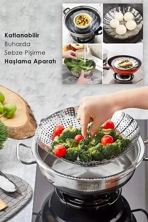 Paslanmaz Çelik Buharda Sebze Pişirme Haşlama Aparatı Katlanabilir Buharlı Pişirici İsveç Çeliği