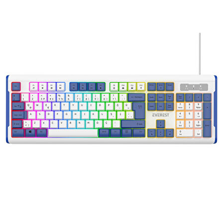 Everest KB-74 USB Rainbow Aydınlatmalı Q Membrane Multıemdya Gaming Oyuncu Klavyesi (Beyaz Mavi)