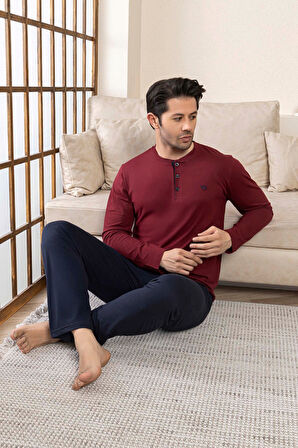 Erkek 3 Düğmeli %100 Pamuk Mevsimlik Uzun Kol Cepli Pijama Takımı