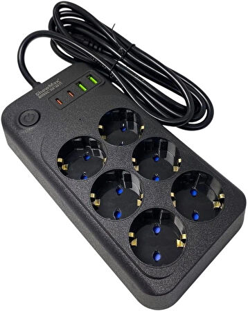 Lunatic Showmax Serisi SH-3046 Termal Akım Korumalı Priz 2 MT (6 Priz + 2 Usb + 2 Type-c) (6 Lı 2xUSB 2xType C Çıkışlı)