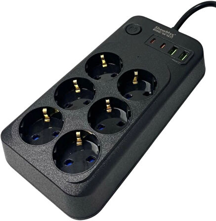 Lunatic Showmax Serisi SH-3046 Termal Akım Korumalı Priz 2 MT (6 Priz + 2 Usb + 2 Type-c) (6 Lı 2xUSB 2xType C Çıkışlı)